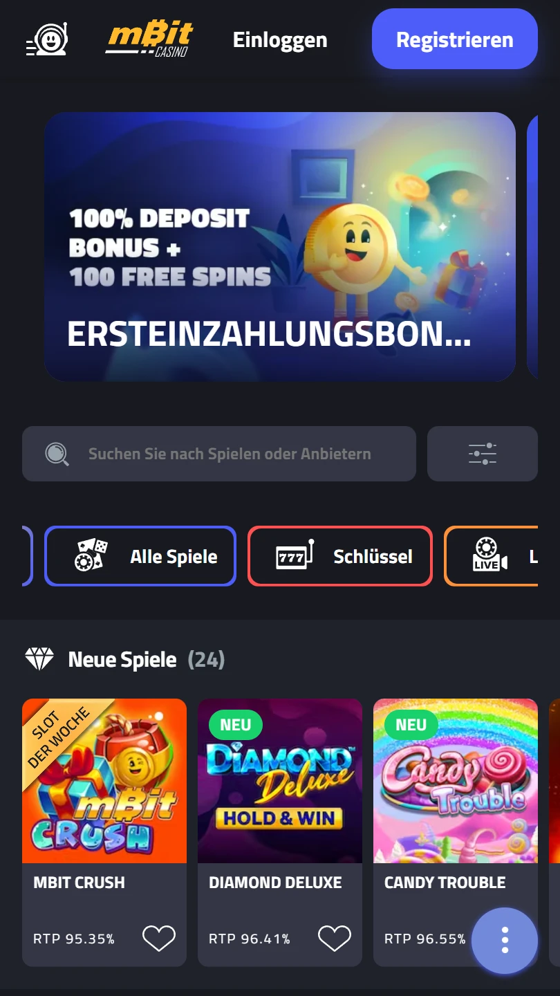 mBit Casino mobile homepage